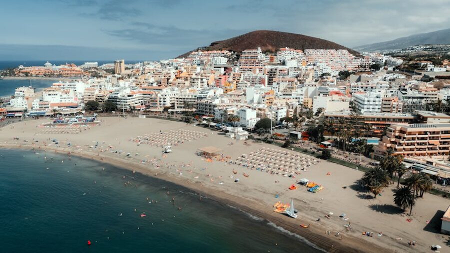 Aerial view of Los Cristianos beach and harbour