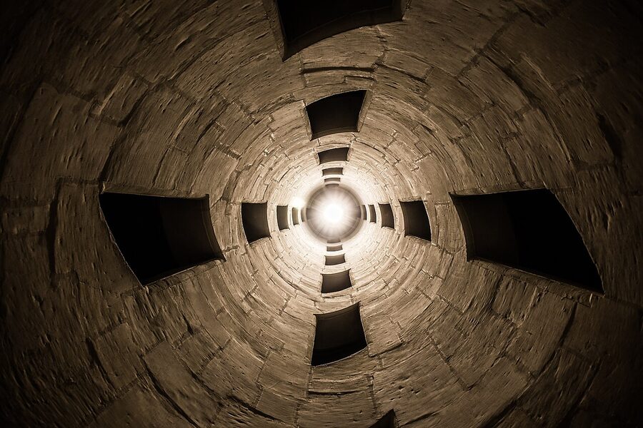 Central staircase viewed from below at Chambord