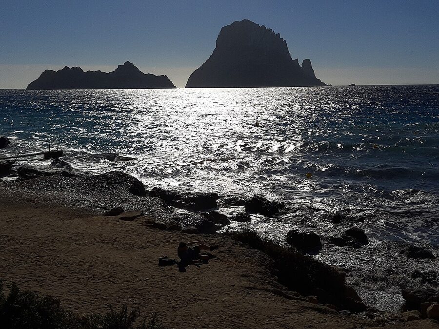 Es Vedra island viewed from Cala dHort beach Ibiza