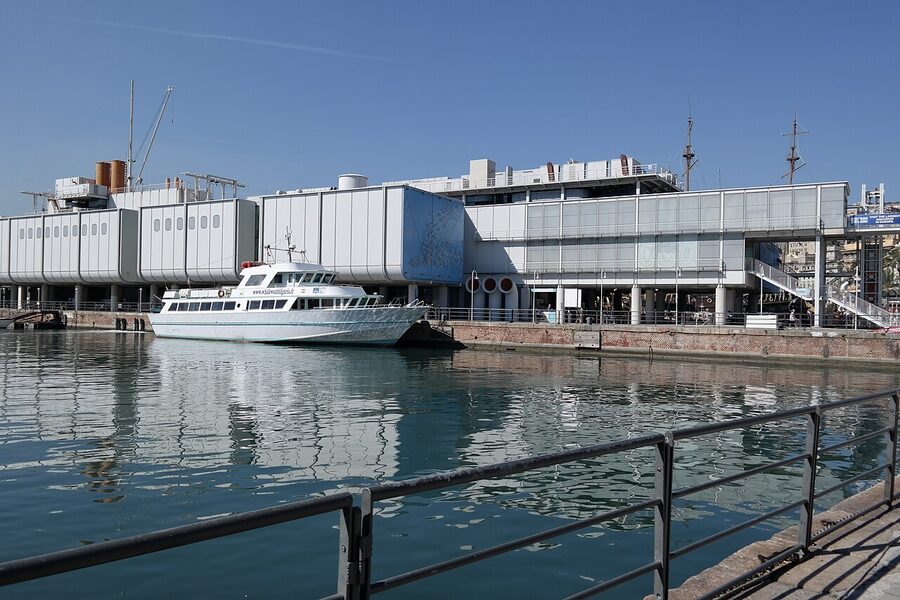 Genoa Aquarium designed by Renzo Piano in 1992 from the harbour
