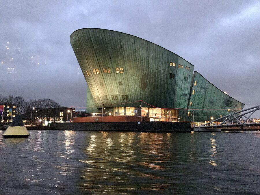 NEMO Science Museum side profile showing ship hull shape and copper skin