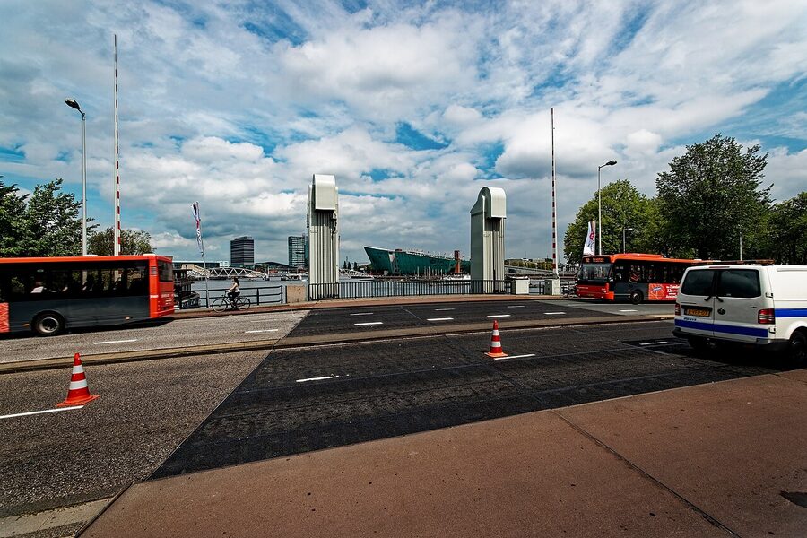 NEMO Science Center 1997 by Renzo Piano from Prins Hendrikkade bridge