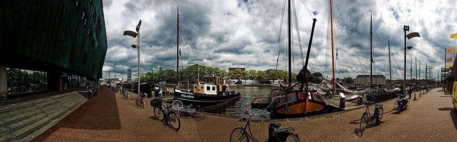 Panorama view from Oosterdok showing NEMO and the Maritime Museum Amsterdam