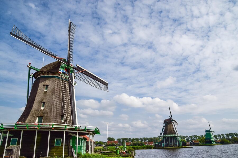 Wooden cottages along the canal at Zaanse Schans