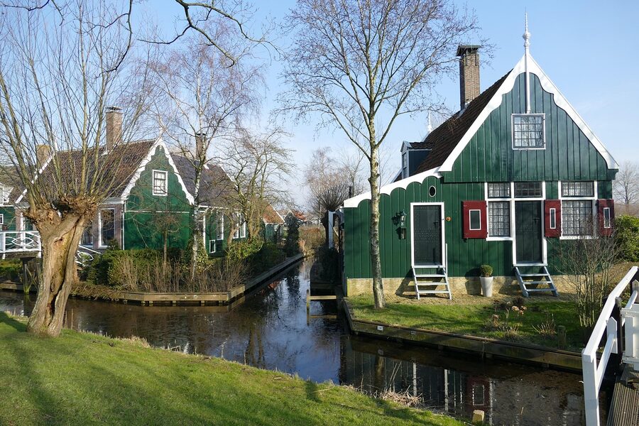 Traditional Dutch house and footbridge in the Zaanse Schans village